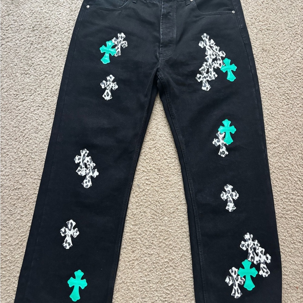 Chrome Hearts Black Jeans with Green and White Crosses